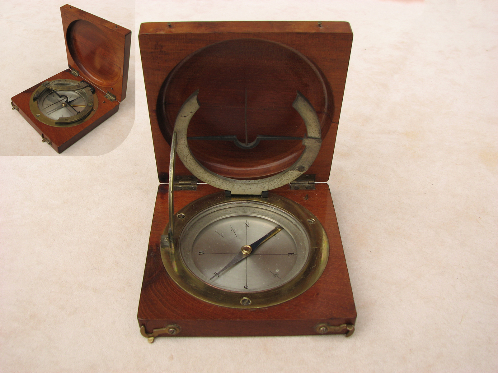 19th century French Equinoctial compass sundial in mahogany case